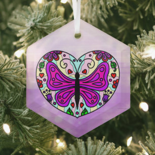 Ornement En Verre Papillon mauve et mandala du coeur