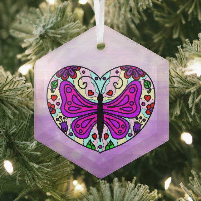 Ornement En Verre Papillon mauve et mandala du coeur (Insitu)