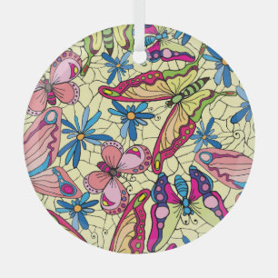 Ornement En Verre Papillons sur les fleurs Vue pré