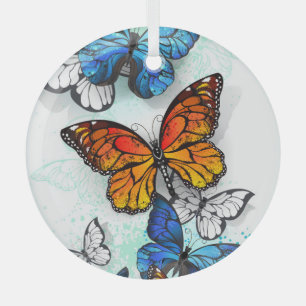 Ornement En Verre Papillons volants Morpho et Monarch