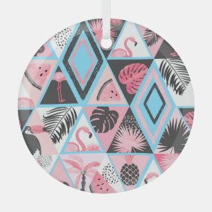 Ornement En Verre Patchwork flamingo tropical, motif de palmier.