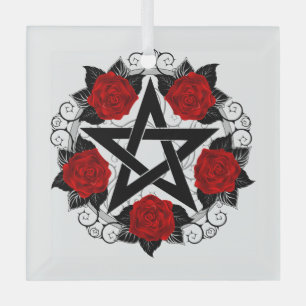 Ornement En Verre Pentagramme aux roses rouges