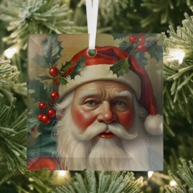 Ornement En Verre Père Noël avec gui (Glass Square Ornament frosted back one-sided printable size: 3”.)