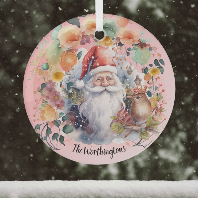 Ornement En Verre Père Noël Birds and Flowers on Light Red Name Mono (Créateur téléchargé)