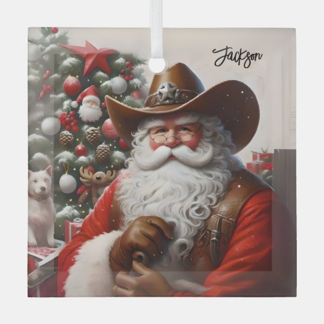 Ornement En Verre Père Noël en cuir Cowboy Casquette Noël (Recto)