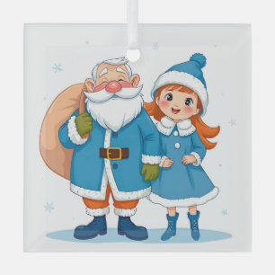 Ornement En Verre Père Noël souriant et jeune fille des neiges