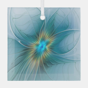 Ornement En Verre Petite Beauté Moderne Fleur d'Art Fractal Bleu Or