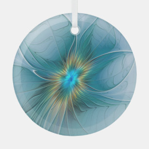 Ornement En Verre Petite Beauté Moderne Fleur d'Art Fractal Bleu Or
