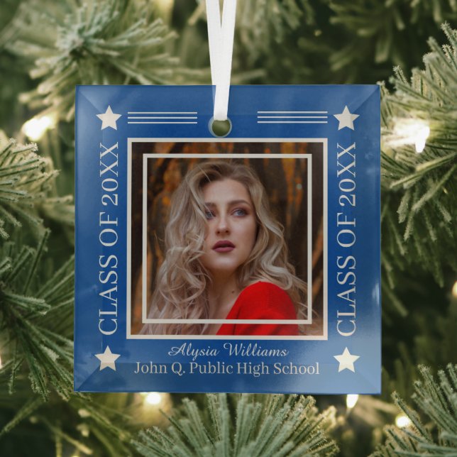 Ornement En Verre Photo bleu | Année de classe Argent (Insitu)