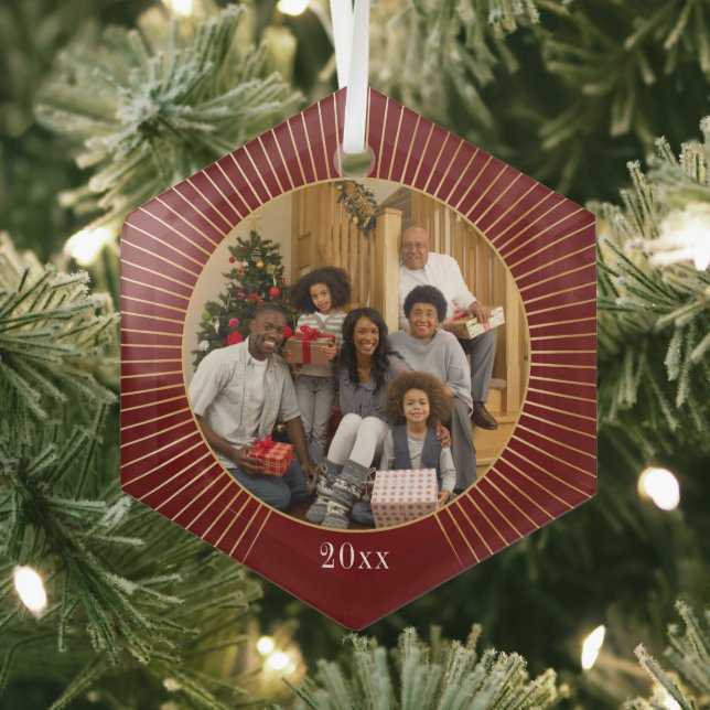 Ornement En Verre Photo Burgundy Gold Line Noël à la famille (Insitu)