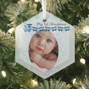 Ornement En Verre Photo de bébé garçon Train bleu Choo Choo Acte de