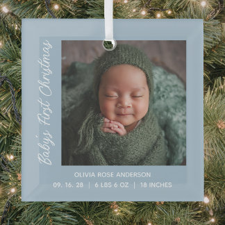 Ornement En Verre Photo de bébé pour son premier Noël en bleu