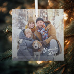 Ornement En Verre photo de famille<br><div class="desc">Ornement photo avec texte modifiable. Recadrez et redimensionnez votre photo pour qu'elle corresponde à la forme. Choisir n'importe quel style ornemental</div>