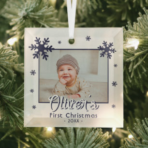 Ornement En Verre Photo de Noël de bébé avec flocons de neige bleus