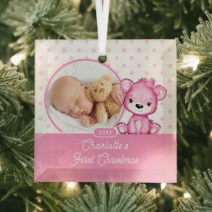 Ornement En Verre Photo de Noël de bébé avec un ours en peluche rose