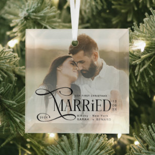 Ornement En Verre Photo de Noël minimal pour couples mariés pour leu