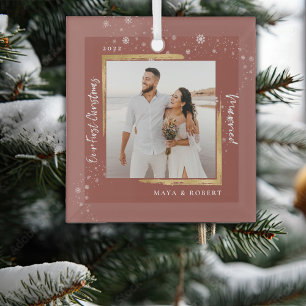 Ornement En Verre Photo encadré en or Notre premier Noël mariés