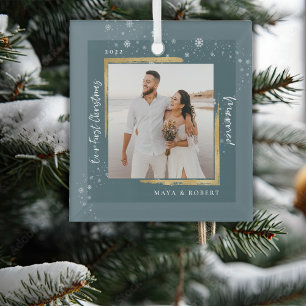 Ornement En Verre Photo encadré en or Notre premier Noël mariés
