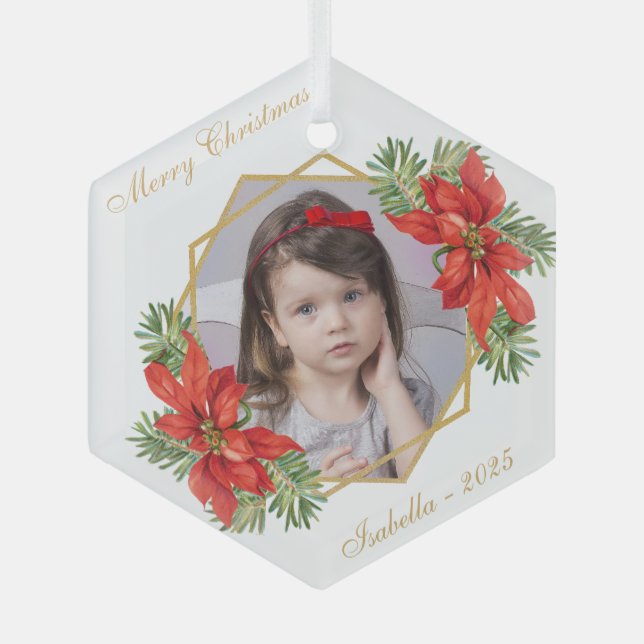 Ornement En Verre Photo Enfant de Noël Poinsettia Pine Gold Script (Recto)