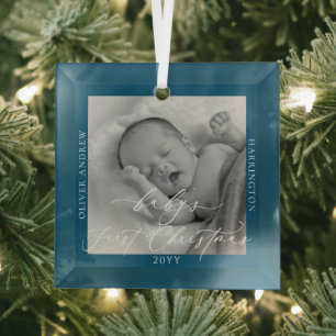 Ornement En Verre Photo et nom personnalisés Bleu de Noël du bébé