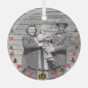 Ornement En Verre Photo Famille Pinecones, Boughs, Poinsettias