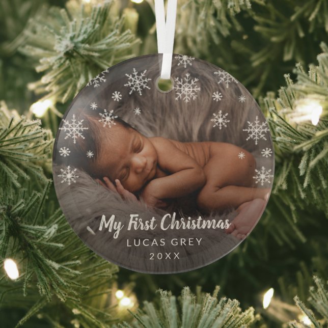 Ornement En Verre Photo mignonne Snowflakes Baby First Christmas (Insitu)
