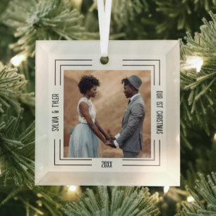 Ornement En Verre Photo minimaliste Nouveaux mariés 1er Noël