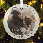 Ornement En Verre Photo moderne Elégant Premier Noël Engagé<br><div class="desc">Décor photo personnalisé avec "notre premier fiancé Noël" design simple et moderne avec photo personnalisée,  nom et année.</div>