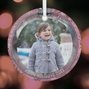 Ornement En Verre Photo Overlay Bulle Rose Argent Joyeuses Fêtes 