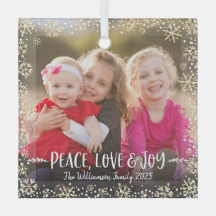 Ornement En Verre Photo Peace Love Joy Gold Snowflake Holiday Modern