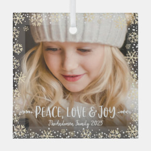 Ornement En Verre Photo Peace Love Joy Gold Snowflake Modern Holiday