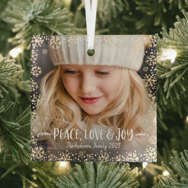Ornement En Verre Photo Peace Love Joy Gold Snowflake Modern Holiday (Insitu)