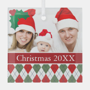 Ornement En Verre Photo personnalisée du Jacquard vert et rouge