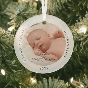Ornement En Verre Photo personnalisée et nom Premier Noël du bébé
