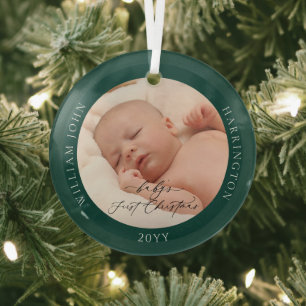 Ornement En Verre Photo personnalisée et nom Premier Noël vert du bé