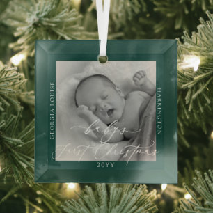 Ornement En Verre Photo personnalisée et nom Premier Noël vert du bé