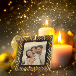 Ornement En Verre Photo Personnalisée Luxe Noir Et Or Zebra Noël