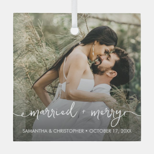 Ornement En Verre Photo personnalisée Marié & Joyeux Premier Noël (Recto)