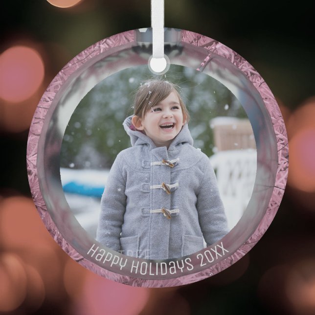 Ornement En Verre Photo rose Bauble Argent superposer Joyeuses Fêtes (Add your photo to this cute pink Christmas tree hanging ornament)