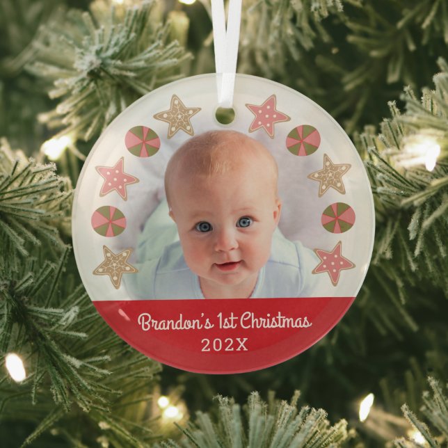 Ornement En Verre Photo Rouge Premier bébé garçon Noël Cookie Wreath (Insitu)