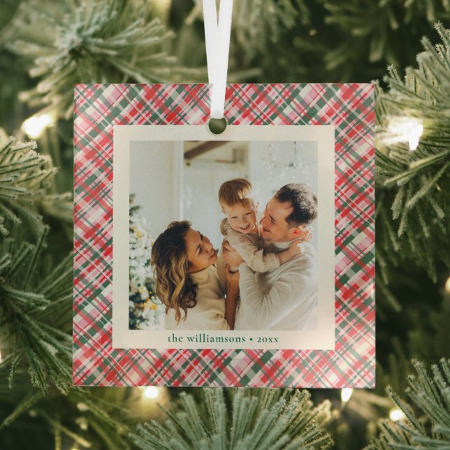 Ornement En Verre Pink Red Green Plaid Cute Photo Keepsake Christmas (Insitu)