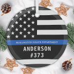Ornement En Verre Police Personnalisée Ligne Bleue Mince Police<br><div class="desc">Ligne Bleue Mince Officier de Police Ornement de Noël - Drapeau américain dans la Police Couleurs Drapeau, design moderne noir et bleu. Customisez avec le nom de votre ministère et personnalisez avec le nom et le numéro d'insigne des policiers. Ce vêtement personnalisé d'application de la loi est parfait pour les...</div>