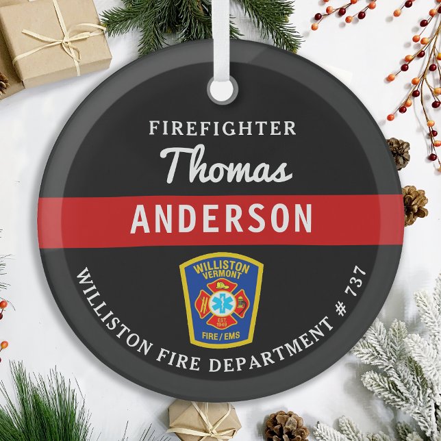 Ornement En Verre Pompier Personnalisé Mince Ligne Rouge Secourt inc (Créateur téléchargé)