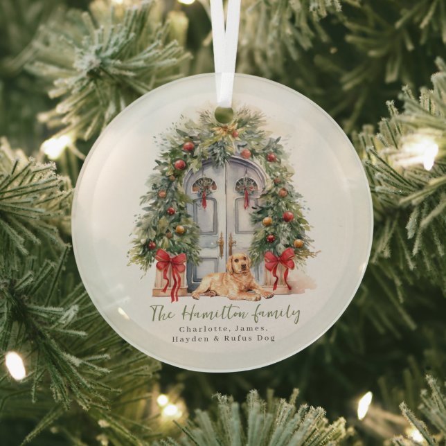 Ornement En Verre Porte d'entrée avec Noël Jaune du Labrador (Insitu)