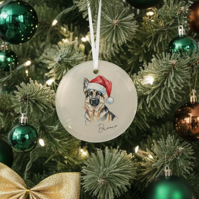 Ornement En Verre Portrait de berger allemand à main personnalisée (Add a special touch to your Christmas tree with this custom pet portrait ornament!)