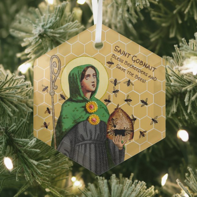 Ornement En Verre Portrait hexagonal de St. Gobnait (SAE 003) (Insitu)