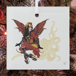 Ornement En Verre Poulpe Fée Steampunk Élégant Rouge Victorien