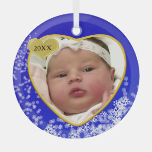 Ornement En Verre Premier Coeur photo de Noël du bébé bleu neigeux