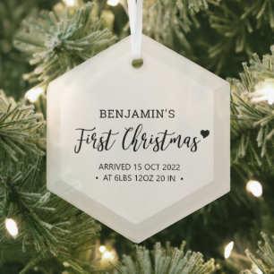 Ornement En Verre Premier Noël Bébé Cœur Moderne Noir & Blanc