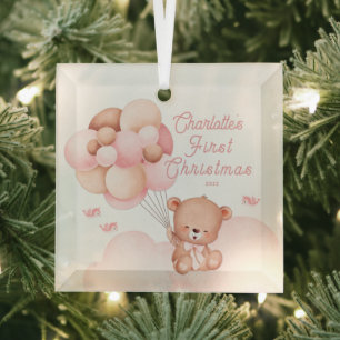 Ornement En Verre Premier Noël de bébé avec un ours en peluche